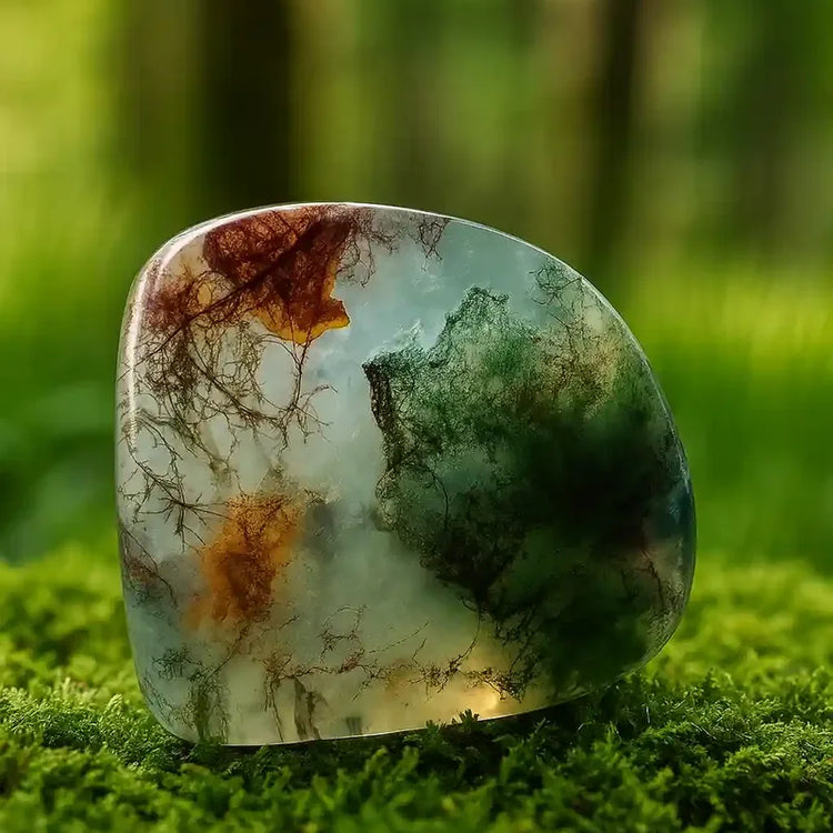 Agate Mousse naturelle Gujarat Inde inclusions vertes végétales lithothérapie abondance prospérité reliance nature chakra cœur croissance harmonie