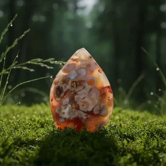 Agate Flamme naturelle Mexique motifs flamboyants lithothérapie résilience baume affectif guérison émotionnelle courage intérieur transformation cœur