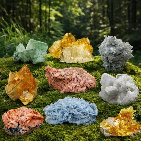 Amas de cristaux barytes toutes couleurs sur mousse verte vertus protection émotionnelle endurance physique sécurité intérieure confiance affirmation lithothérapie comparatif