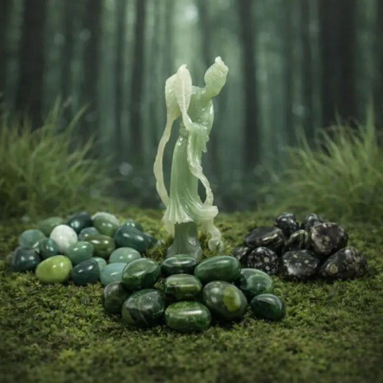 Diverses variétés de Jades sur tapis de mousse fraîche et forêt en arrière-plan vertus transformation intérieure endurance vitale pardon lâcher-prise chakra cœur racine troisième œil