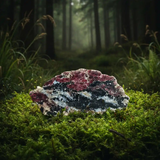 Pierre d'Eudialyte rouge-violet du Groenland sur mousse naturelle - Cristal arctique de lithothérapie pour régénération du cœur