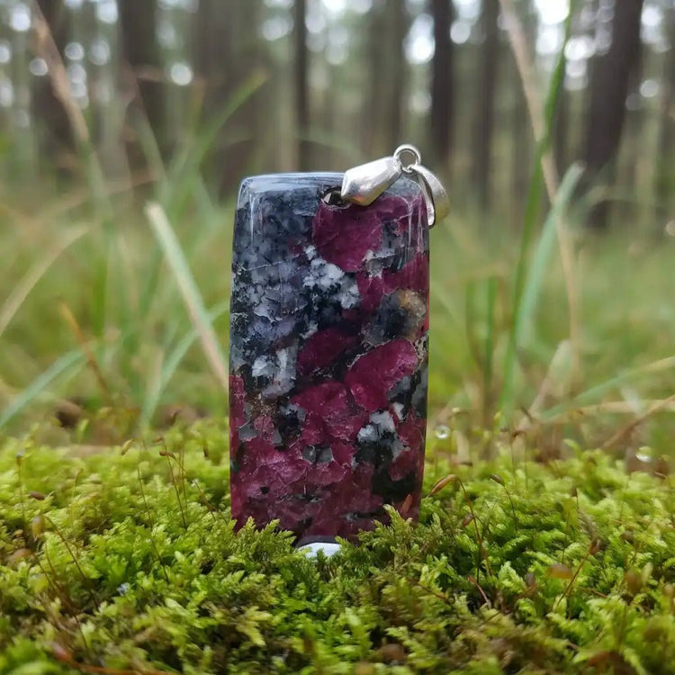 Pierre d'Eudialyte rouge-violet du Groenland sur mousse naturelle - Cristal arctique de lithothérapie pour régénération du cœur