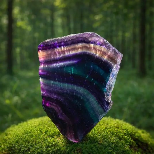 Fluorite Arc-en-Ciel de Blue John Derbyshire Angleterre sur tapis de mousse fraîche et forêt en arrière-plan vertus transformation holistique intégration corps-esprit-âme libération blocages sérénité joie