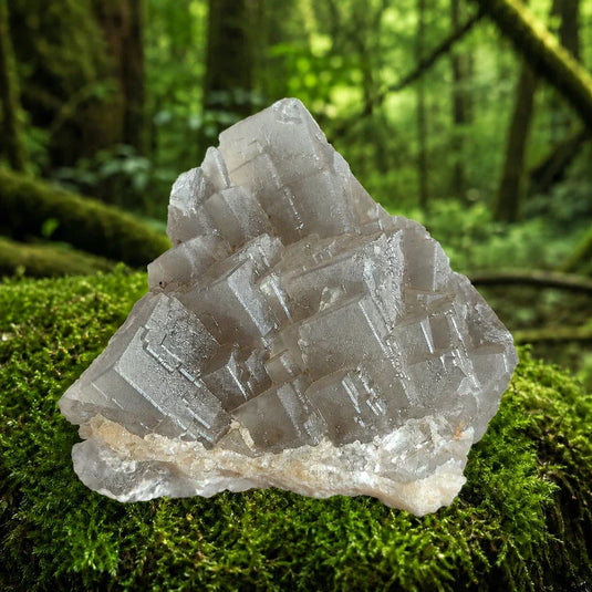 Fluorite grise de Bakhud Mine Afghanistan, cristaux cubiques sur mousse verte, pierre de clarté mentale