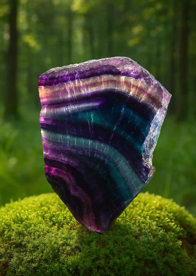 Fluorite Arc-en-Ciel Blue John du Derbyshire sur tapis de mousse fraîche - Pierre rare anglaise de lithothérapie pour harmonie universelle