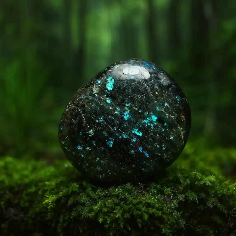 Pierre de Galaxite du Canada sur tapis de mousse fraîche en forêt - Cristal de lithothérapie pour vision cosmique et protection énergétique