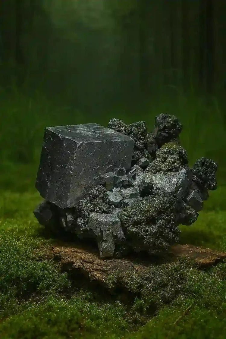 Galène du Pérou sur tapis de mousse fraîche et forêt en arrière-plan - Cristal métallique gris de lithothérapie pour ancrage alchimique