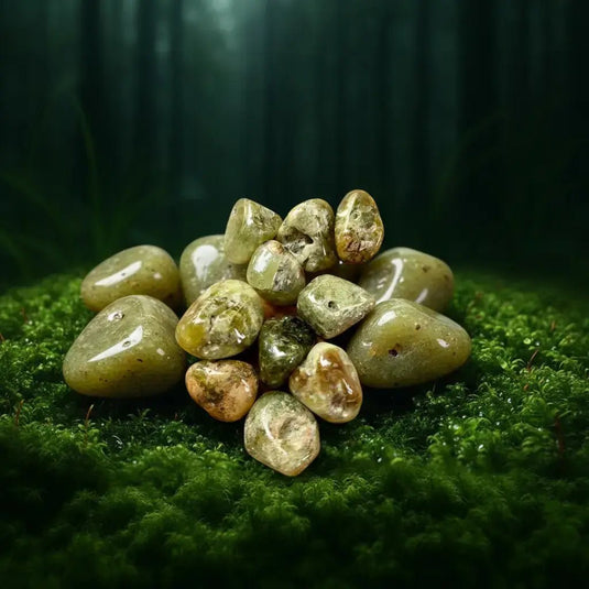 Grenat vert Tsavorite de Tanzanie sur tapis de mousse fraîche en forêt - Cristal rare de lithothérapie pour prospérité et compassion