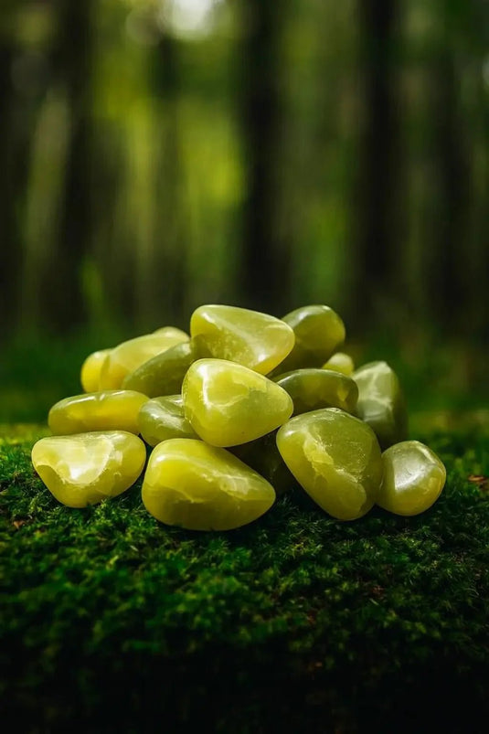 Serpentine Héalérite verte de Washington sur tapis de mousse fraîche en forêt - Pierre de lithothérapie pour guérison vibratoire et expansion du cœur
