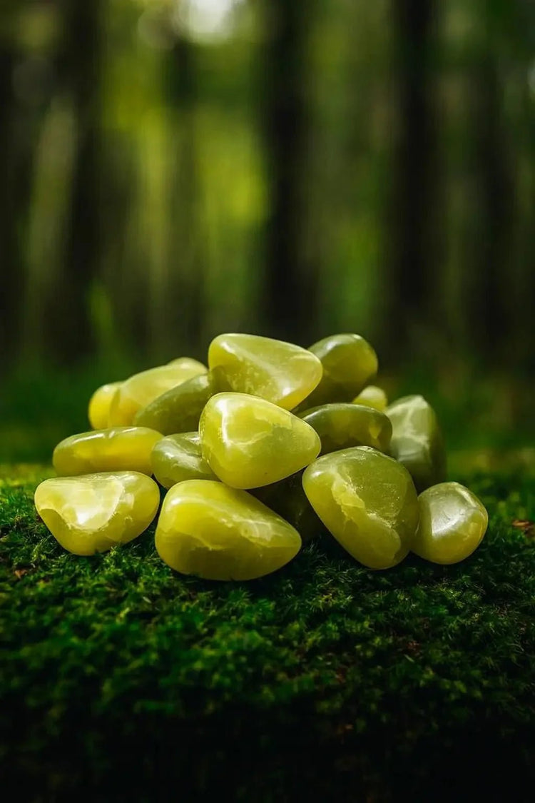 Serpentine Héalérite verte de Washington sur tapis de mousse fraîche en forêt - Pierre de lithothérapie pour guérison vibratoire et expansion du cœur