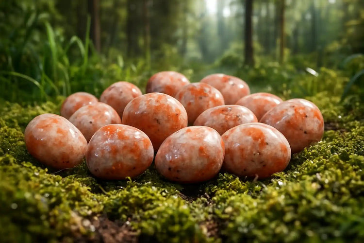 Héliolite Pierre du Soleil d'Oregon sur tapis de mousse fraîche et forêt en arrière-plan - Pierre de lithothérapie pour joie solaire et leadership