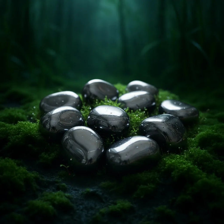 Hématite du Brésil sur tapis de mousse fraîche et forêt en arrière-plan - Pierre de lithothérapie pour ancrage terrestre et vitalité