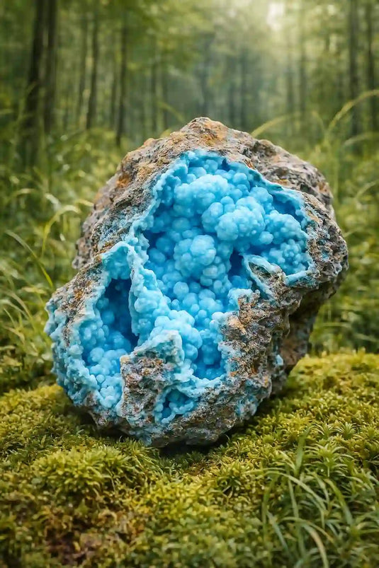 Hémimorphite Bleue du Mexique sur tapis de mousse fraîche et forêt en arrière-plan - Pierre de lithothérapie pour élévation spirituelle