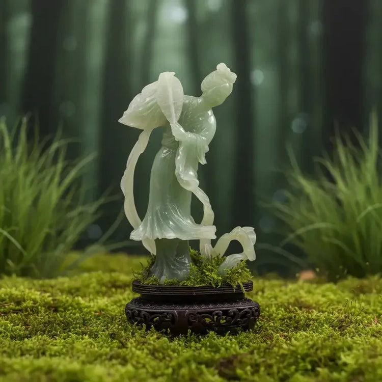 Jade Jadéite de Birmanie sur tapis de mousse fraîche et forêt en arrière-plan vertus fonctions rénales sagesse tempérance équité chakra cœur troisième œil