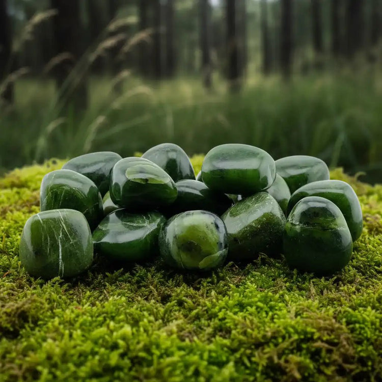 Jade Néphrite de Birmanie sur tapis de mousse fraîche et forêt en arrière-plan - Pierre verte de lithothérapie pour harmonie et prospérité divine