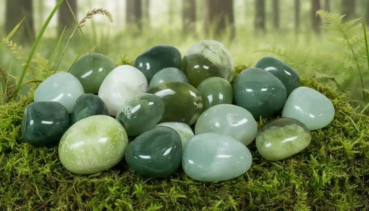 Jade Serpentine de Taishan, Chine sur tapis de mousse fraîche et forêt en arrière-plan - Pierre verte de lithothérapie pour résilience émotionnelle