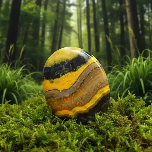 Jaspe Bumble Bee (Bourdon) d'Indonésie sur tapis de mousse fraîche et forêt en arrière-plan - Pierre volcanique jaune-noire de lithothérapie pour vitalité créatrice