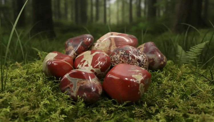 Pierre de Jaspe Bréchique d'Inde multicolore posée sur mousse fraîche avec forêt en arrière-plan - Protection dynamique et force vitale
