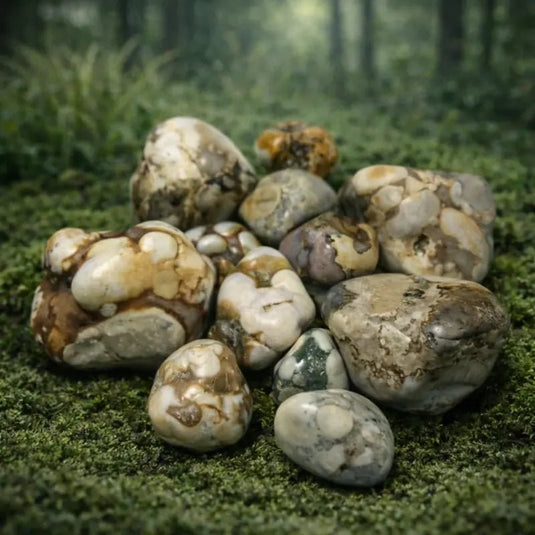 Jaspe Cobra d'Inde sur tapis de mousse fraîche avec forêt en arrière-plan - Pierre de transformation intérieure et ancrage protecteur en lithothérapie