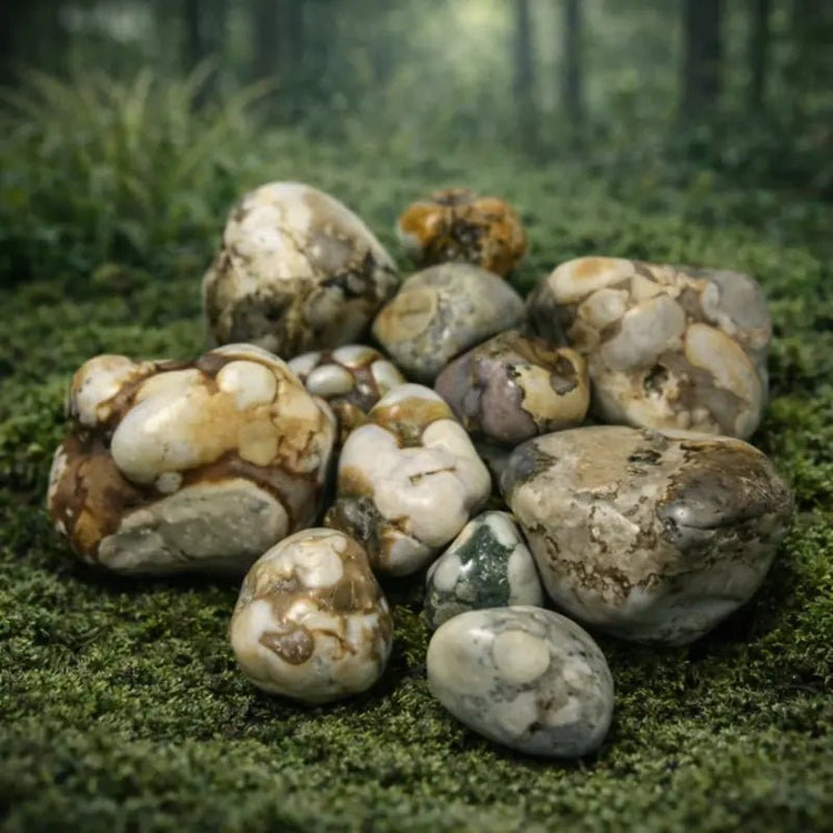 Jaspe Cobra d'Inde sur tapis de mousse fraîche avec forêt en arrière-plan - Pierre de transformation intérieure et ancrage protecteur en lithothérapie