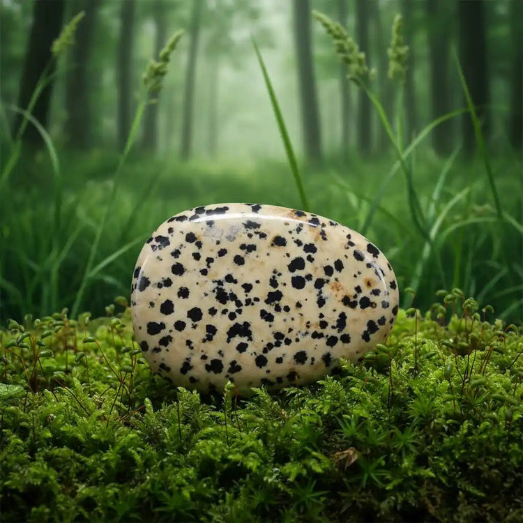 Jaspe Dalmatien moucheté du Mexique sur tapis de mousse fraîche et forêt en arrière-plan - Pierre de lithothérapie pour joie et enfant intérieur