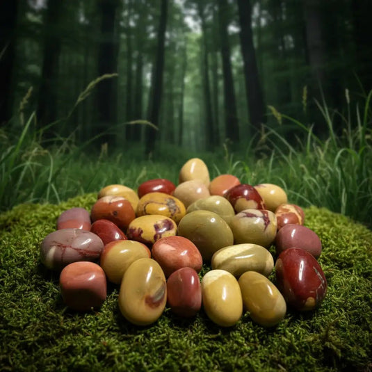 Jaspe Mokaïte polychrome d'Australie sur tapis de mousse fraîche et forêt en arrière-plan - Pierre multicolore de vitalité en lithothérapie