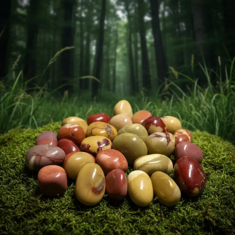 Jaspe Mokaïte polychrome d'Australie sur tapis de mousse fraîche et forêt en arrière-plan - Pierre multicolore de vitalité en lithothérapie