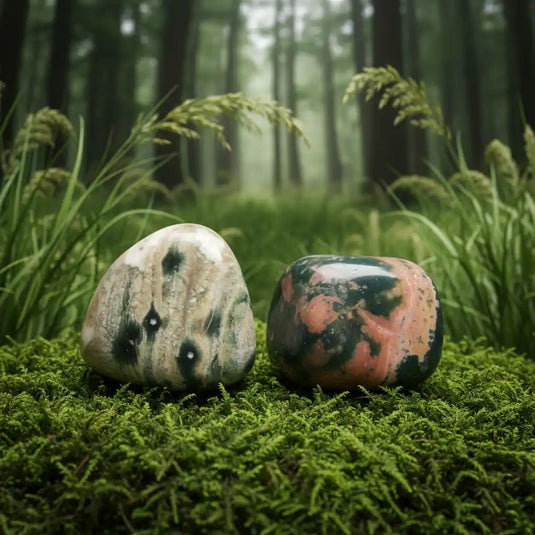 Jaspe Océan orbiculaire de Madagascar sur tapis de mousse fraîche et forêt en arrière-plan - Pierre de lithothérapie pour ancrage