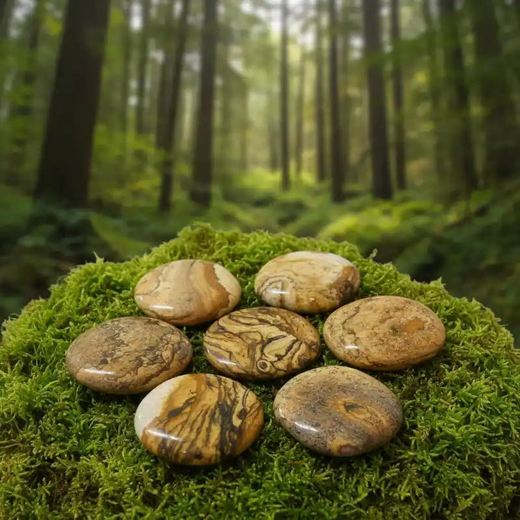 Pierre de Jaspe Paysage d'Uruguay naturelle sur tapis de mousse fraîche avec forêt en arrière-plan - Cristal de lithothérapie pour ancrage et connexion à la Terre