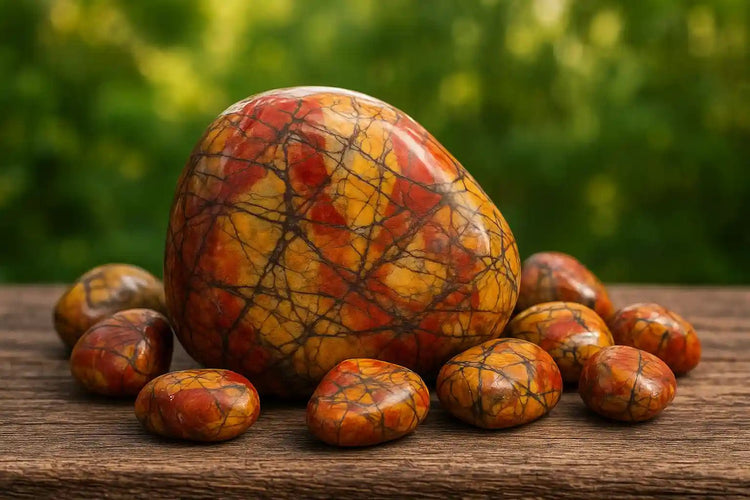 Jaspe Picasso du Mexique sur tapis de mousse fraîche et forêt en arrière-plan - Pierre de lithothérapie pour créativité artistique