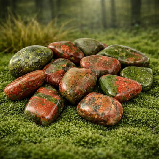 Pierre de Jaspe Unakite d'Afrique du Sud vert et rose sur tapis de mousse fraîche avec forêt en arrière-plan lithothérapie équilibre émotionnel