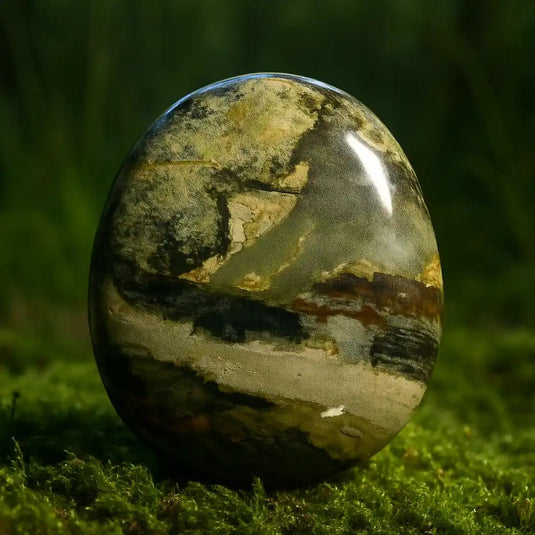 Jaspe Feuille d'Argent ou Jaspe de Kalahari sur tapis de mousse fraîche et forêt en arrière-plan - Pierre africaine de lithothérapie pour équilibre et protection