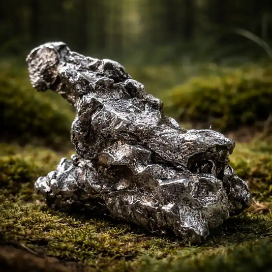 Météorite Campo del Cielo d'Argentine sur tapis de mousse fraîche et forêt en arrière-plan lithothérapie ancrage cosmique connexion stellaire