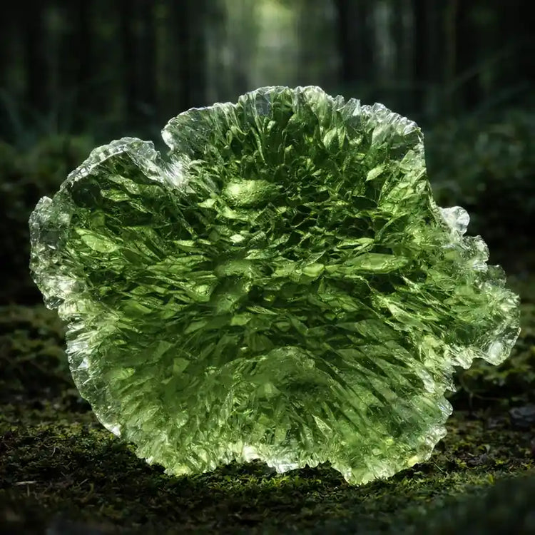 Moldavite naturelle République Tchèque verre météoritique tectite lithothérapie éveil spirituel accélération vibratoire chakra cœur transformation cosmique