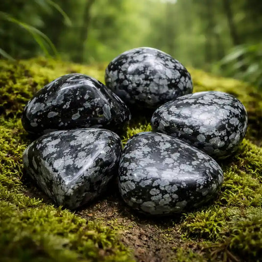 Obsidienne Flocon de Neige naturelle États-Unis sur tapis de mousse fraîche et forêt en arrière-plan lithothérapie purification stabilité clarté mentale