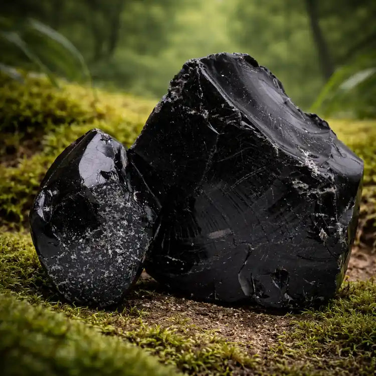 Obsidienne Noire naturelle Sierra de Pachuca Mexique sur tapis de mousse fraîche et forêt en arrière-plan lithothérapie miroir âme ancrage vérité intérieure