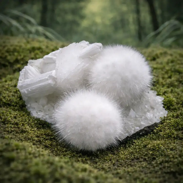 Okénite naturelle Inde cristaux blancs cotonneux lithothérapie connexion spirituelle douceur angélique pureté réconfort vérité douce chakra couronne