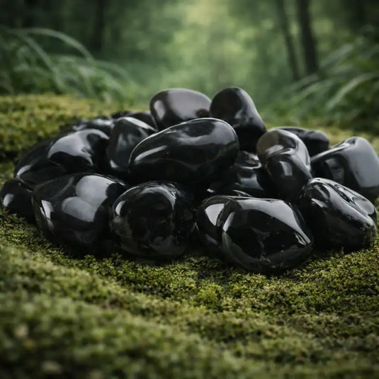 Onyx Noir naturel Brésil calcédoine noire sur tapis de mousse fraîche et forêt en arrière-plan lithothérapie protection stabilité confiance guerrier ancrage