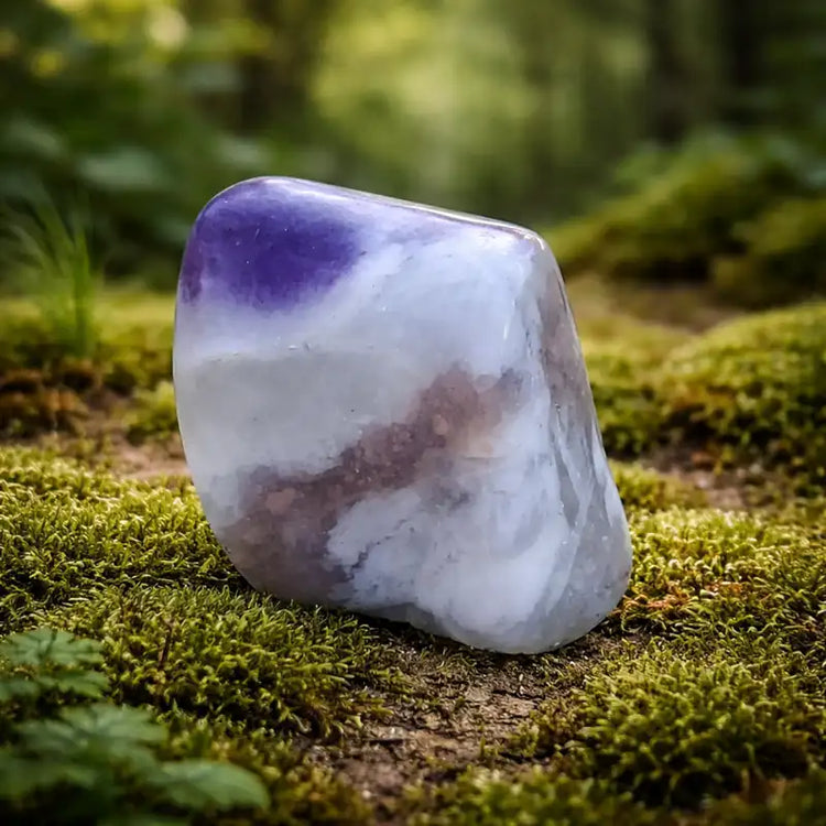 Opale Violette naturelle Mexique sur tapis de mousse fraîche et forêt en arrière-plan lithothérapie éveil artistique chakra couronne inspiration divine