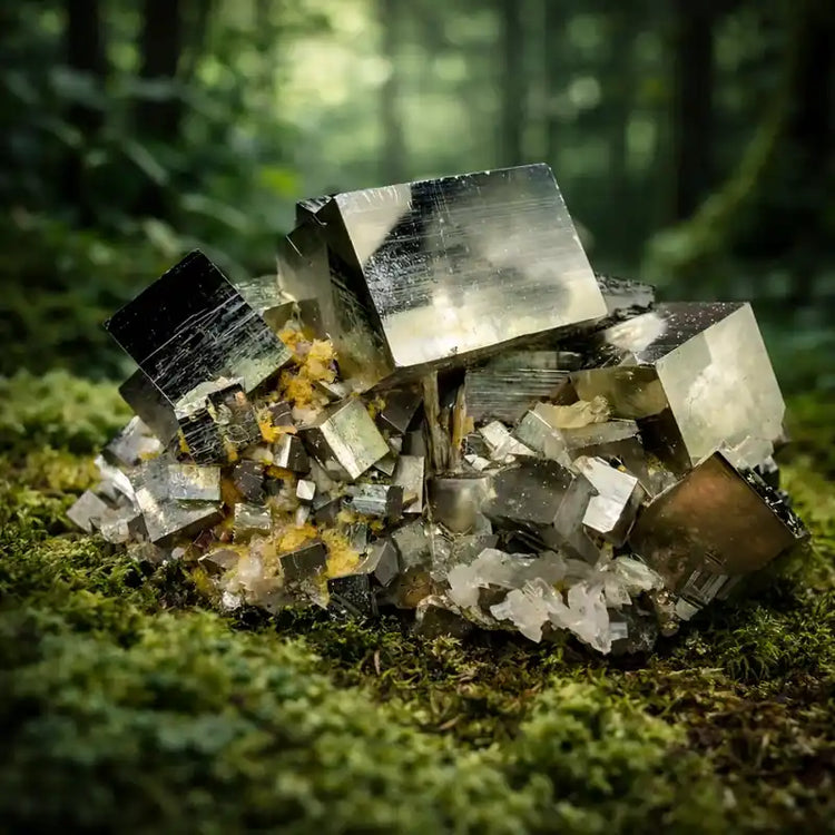 Pyrite Pérou pierre dorée métallique lithothérapie concentration mentale abondance financière pensée structurée chakra plexus solaire études révisions