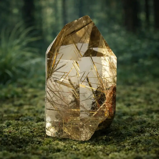 Quartz Rutile Brésil inclusions dorées rutile vertus amplification intentions clarté mentale absolue manifestation rapide vitalité énergétique lithothérapie chakra plexus