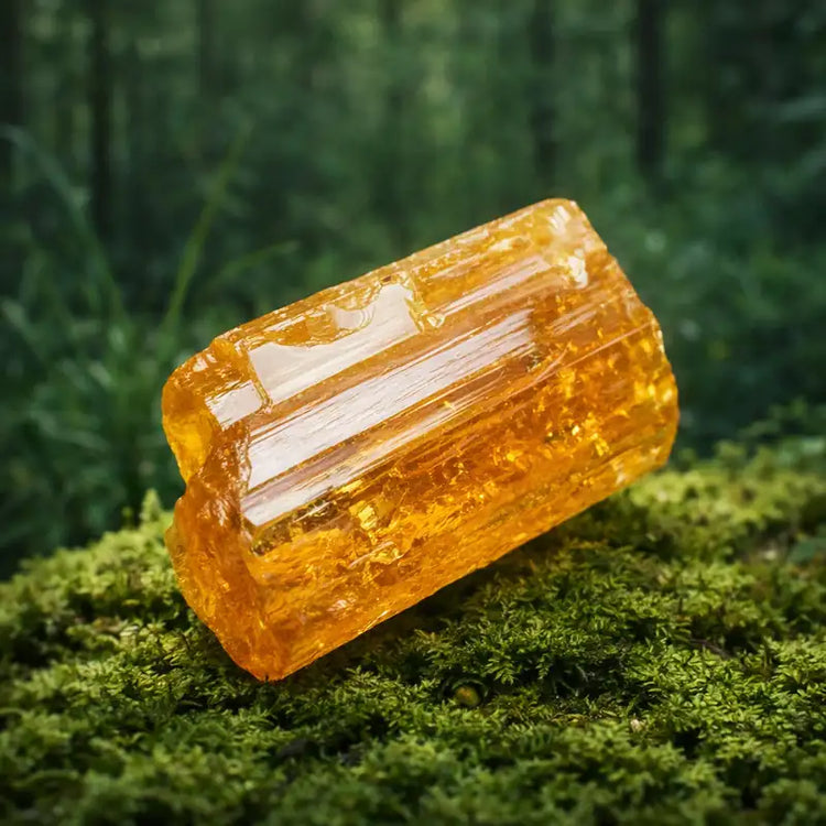 Topaze Impériale du Brésil sur tapis de mousse fraîche et forêt en arrière-plan vertus abondance manifestée leadership naturel renforcé magnétisme personnel optimisme contagieux