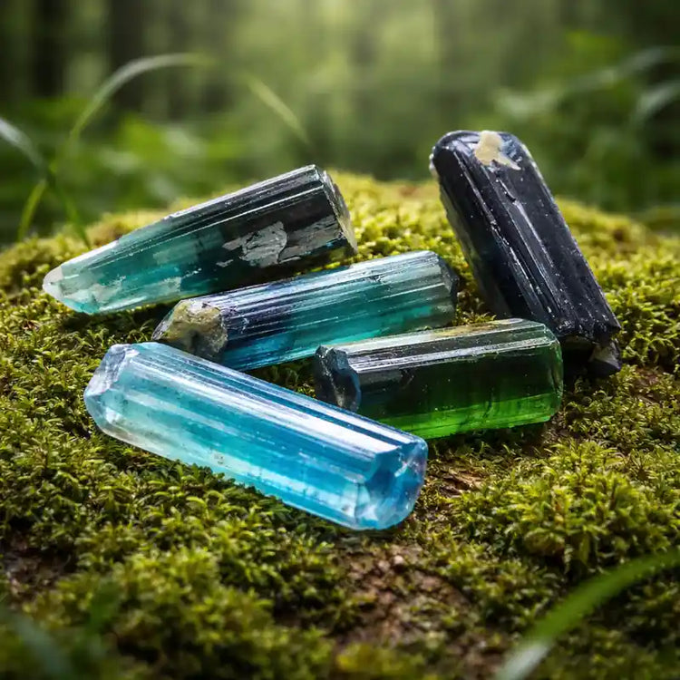 Tourmaline Bleue Indigolite de Namibie sur tapis de mousse fraîche et forêt en arrière-plan vertus expression vérité intérieure clairvoyance développée intuition renforcée
