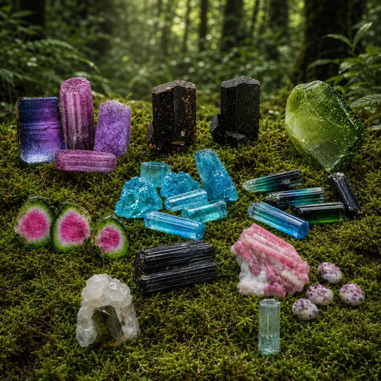 Tourmalines diverses variétés sur mousse fraîche – guide comparatif bienfaits vertus lithothérapie : protection, ancrage, amour, communication, éveil