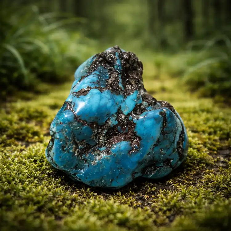 Turquoise Arizona veines argent sur tapis de mousse fraîche et forêt en arrière-plan vertus expression vérité bouclier spirituel connexion ciel terre clarté mentale