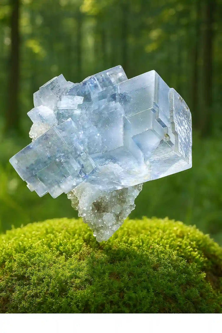 Fluorite Claire Incolore de Suisse sur tapis de mousse fraîche - Pierre alpine de lithothérapie pour clarté mentale et éveil spirituel