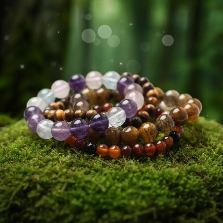 Bracelets minéraux reposant sur tapis de mousse avec arrière plan nature - Collection