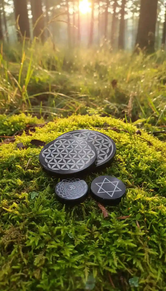 Diverses plaques d'onde de forme et géométrie sacrée sur fond de nature - Collection