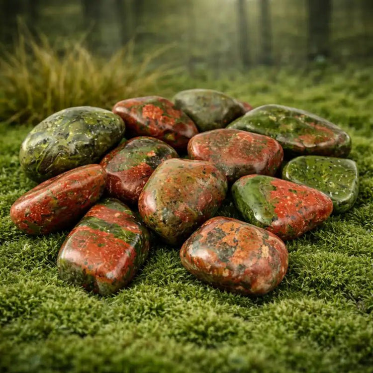 Jaspe Unakite naturel d'Afrique du Sud couleurs vert épidote et rose feldspath sur mousse naturelle pierre lithothérapie chakra cœur ancrage