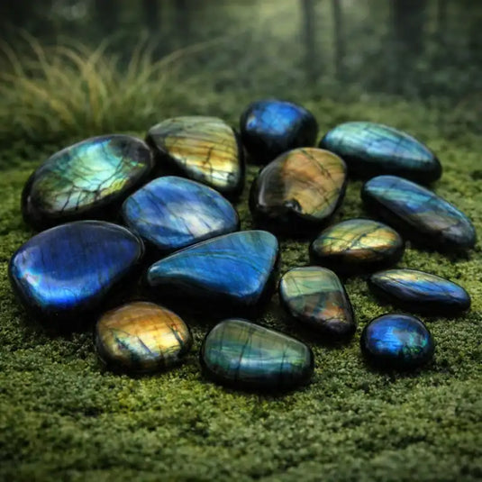 Pierre de Labradorite du Canada reflets irisés bleus verts dorés sur mousse fraîche forêt lithothérapie bouclier énergétique protection thérapeutes